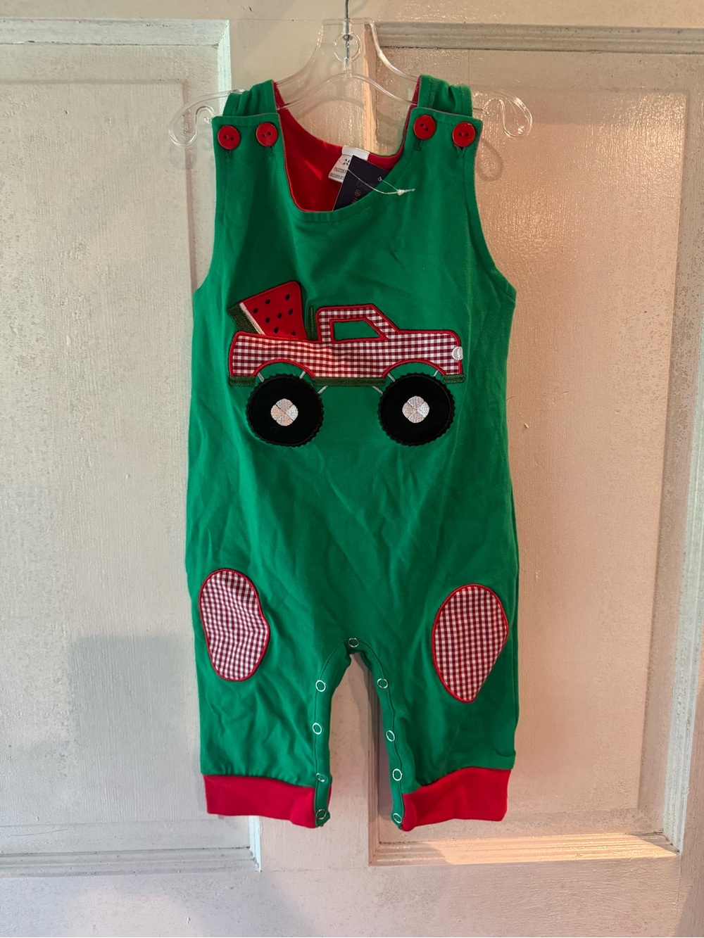 Green Baby Overalls with Red Truck Applique